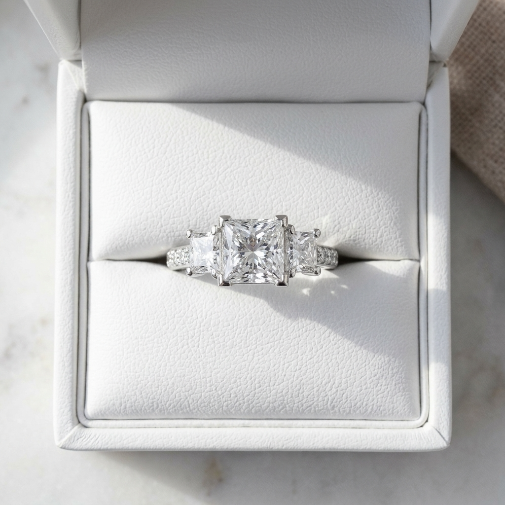 Ophelia princess cut diamond three stone engagement ring, additional angle