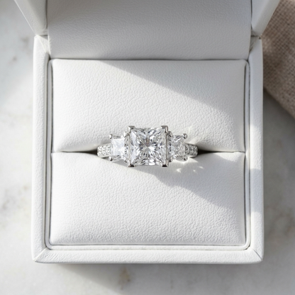 Ophelia princess cut diamond three stone engagement ring, additional angle