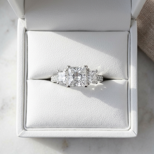 Ophelia princess cut diamond three stone engagement ring, additional angle