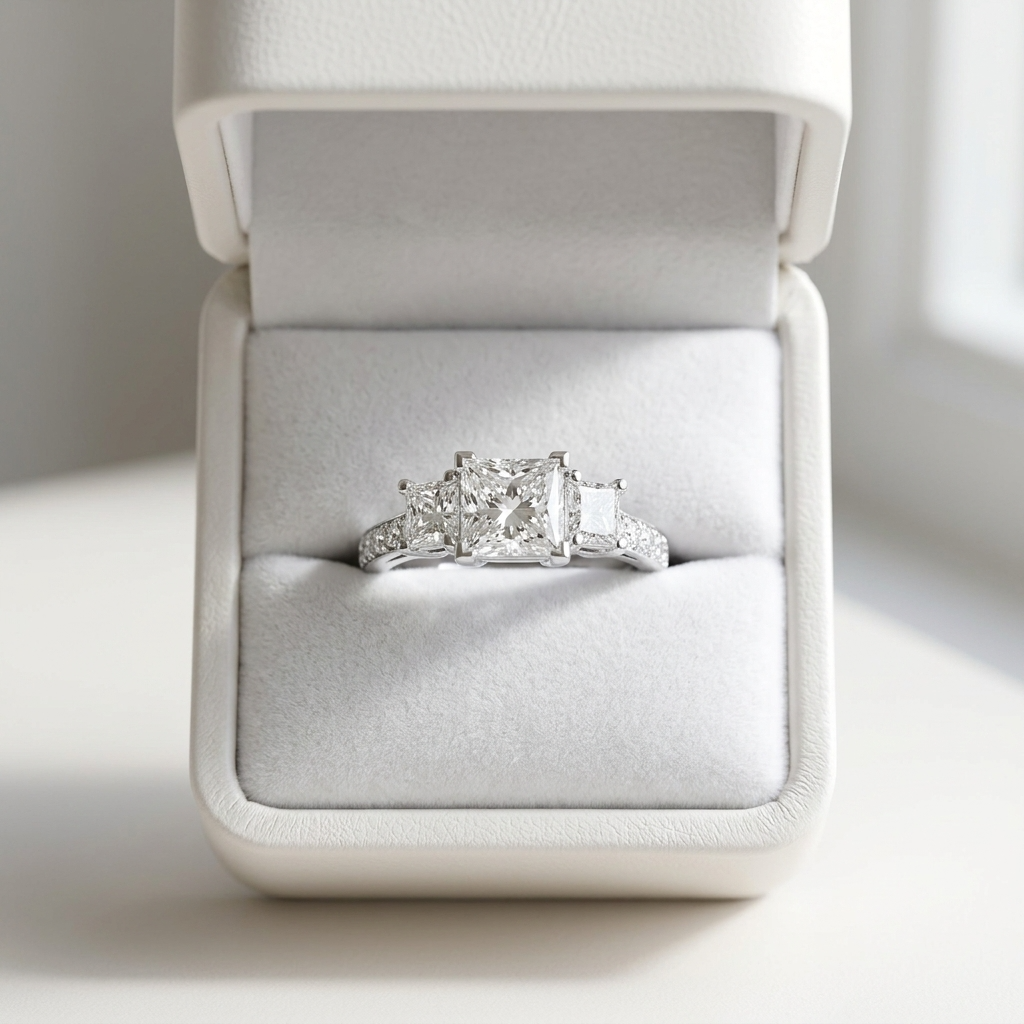 Ophelia princess cut diamond three stone engagement ring, side detail