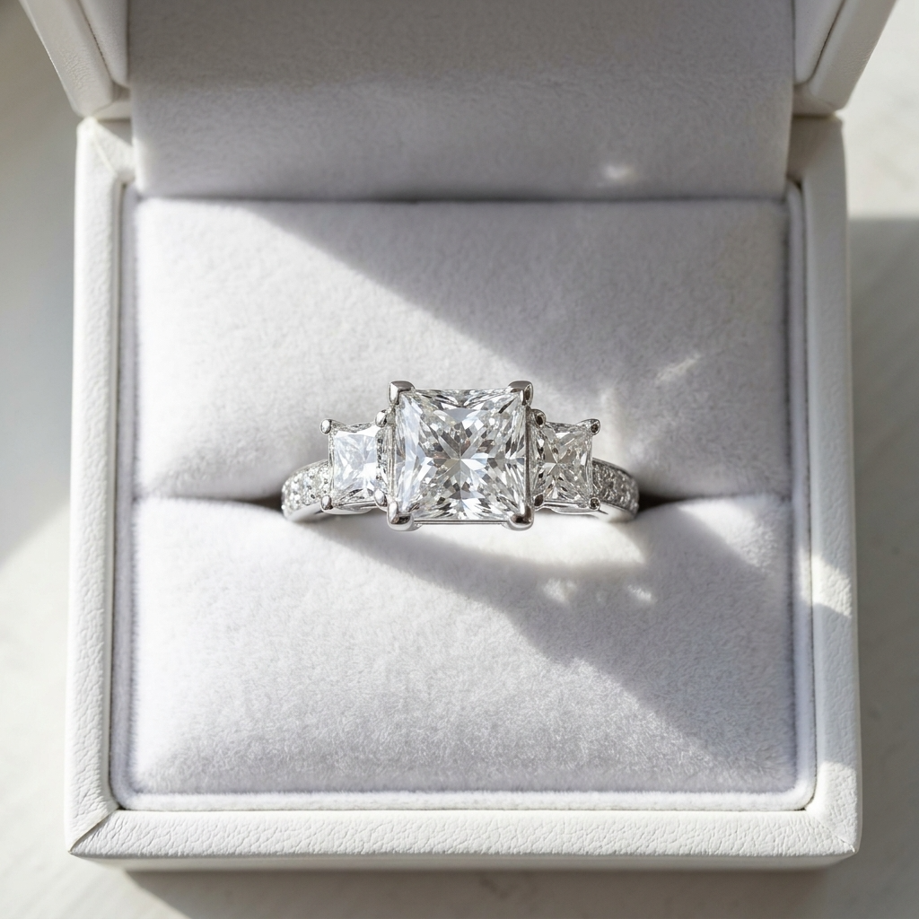 Ophelia princess cut diamond three stone engagement ring, further detail