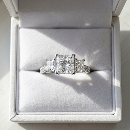Ophelia princess cut diamond three stone engagement ring, further detail