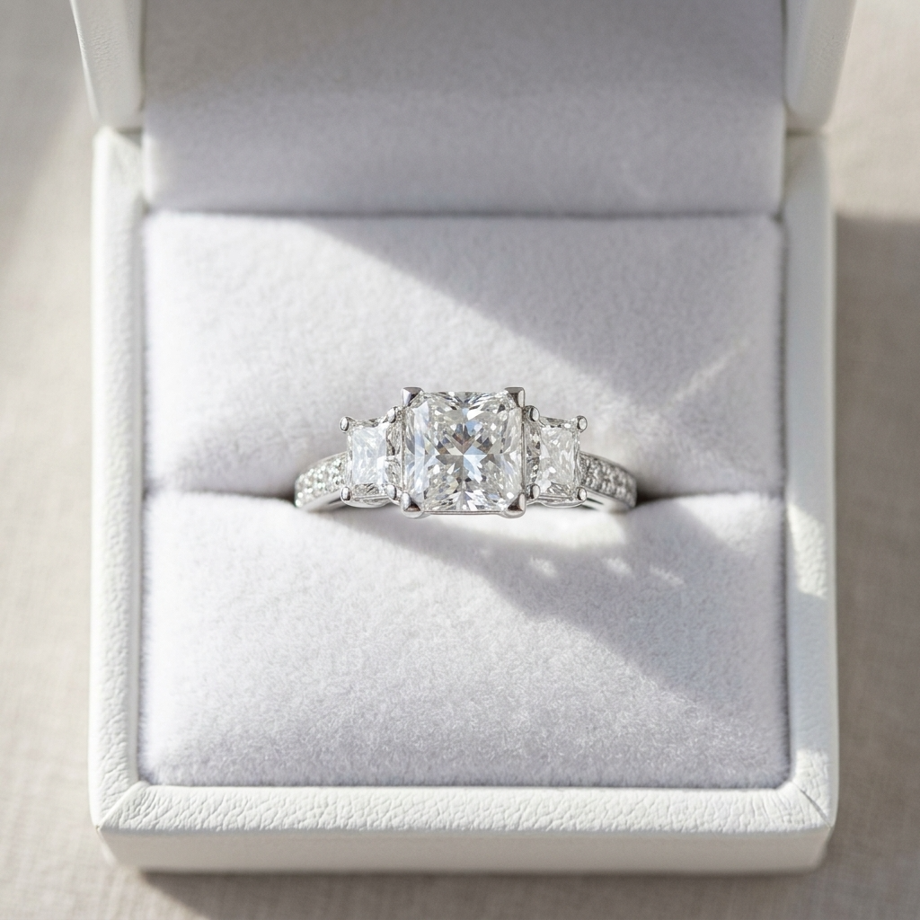 Ophelia princess cut diamond three stone engagement ring, top view