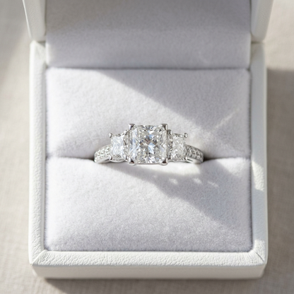Ophelia princess cut diamond three stone engagement ring, top view