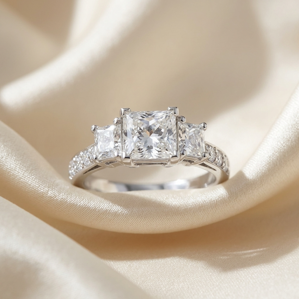 Ophelia princess cut diamond three stone engagement ring, profile view