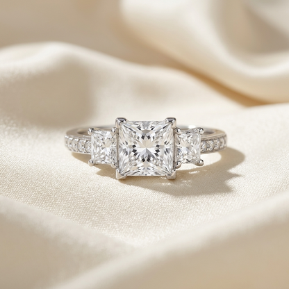 Ophelia princess cut diamond three stone engagement ring, raised view