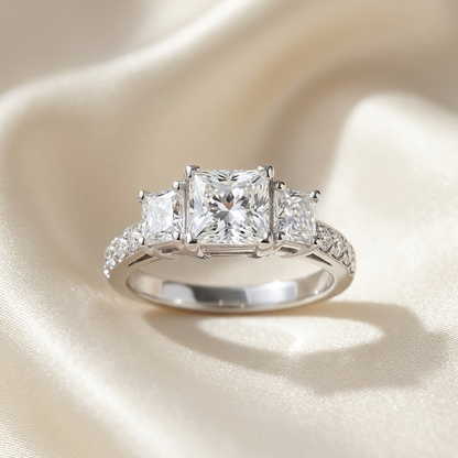 Ophelia princess cut diamond three stone engagement ring, close view