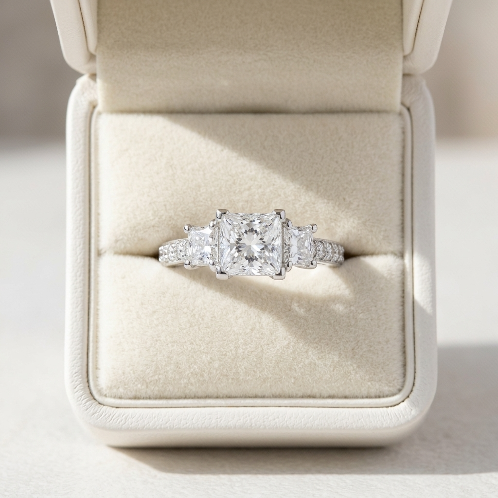 Ophelia princess cut diamond three stone engagement ring, additional view