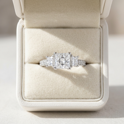 Ophelia princess cut diamond three stone engagement ring, additional view