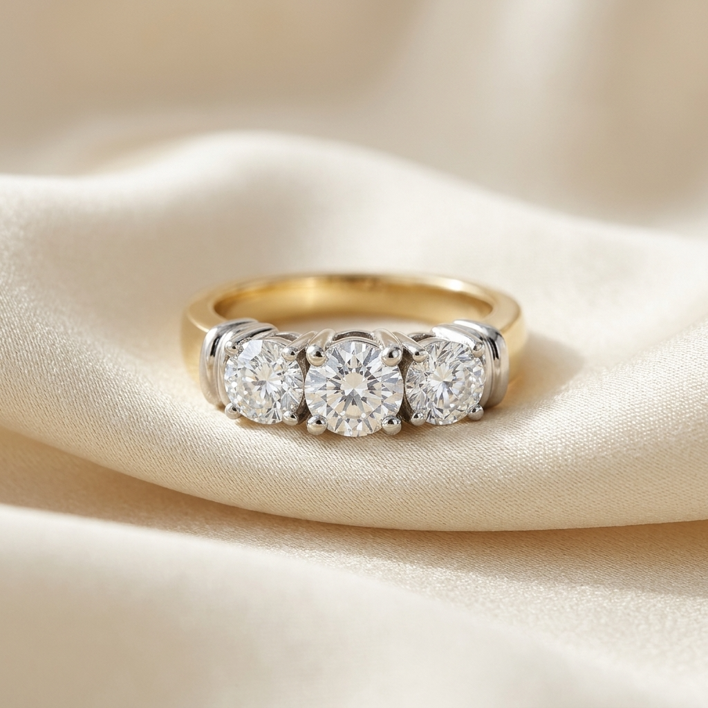 Sabine round brilliant diamond three stone engagement ring detail