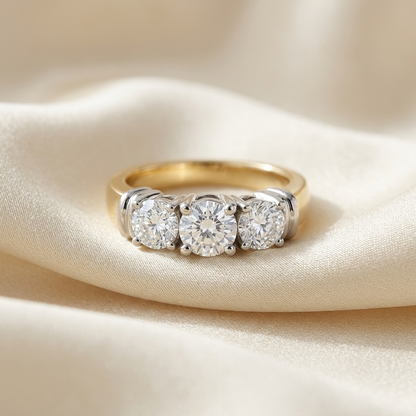 Sabine round brilliant diamond three stone engagement ring detail