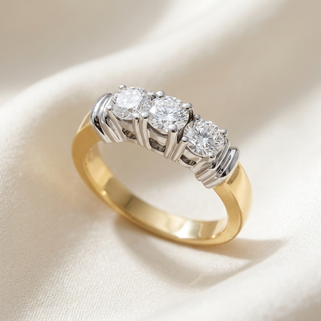 Sabine round brilliant diamond three stone engagement ring, top view