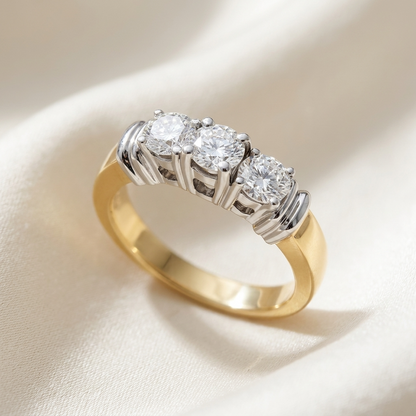 Sabine round brilliant diamond three stone engagement ring, top view