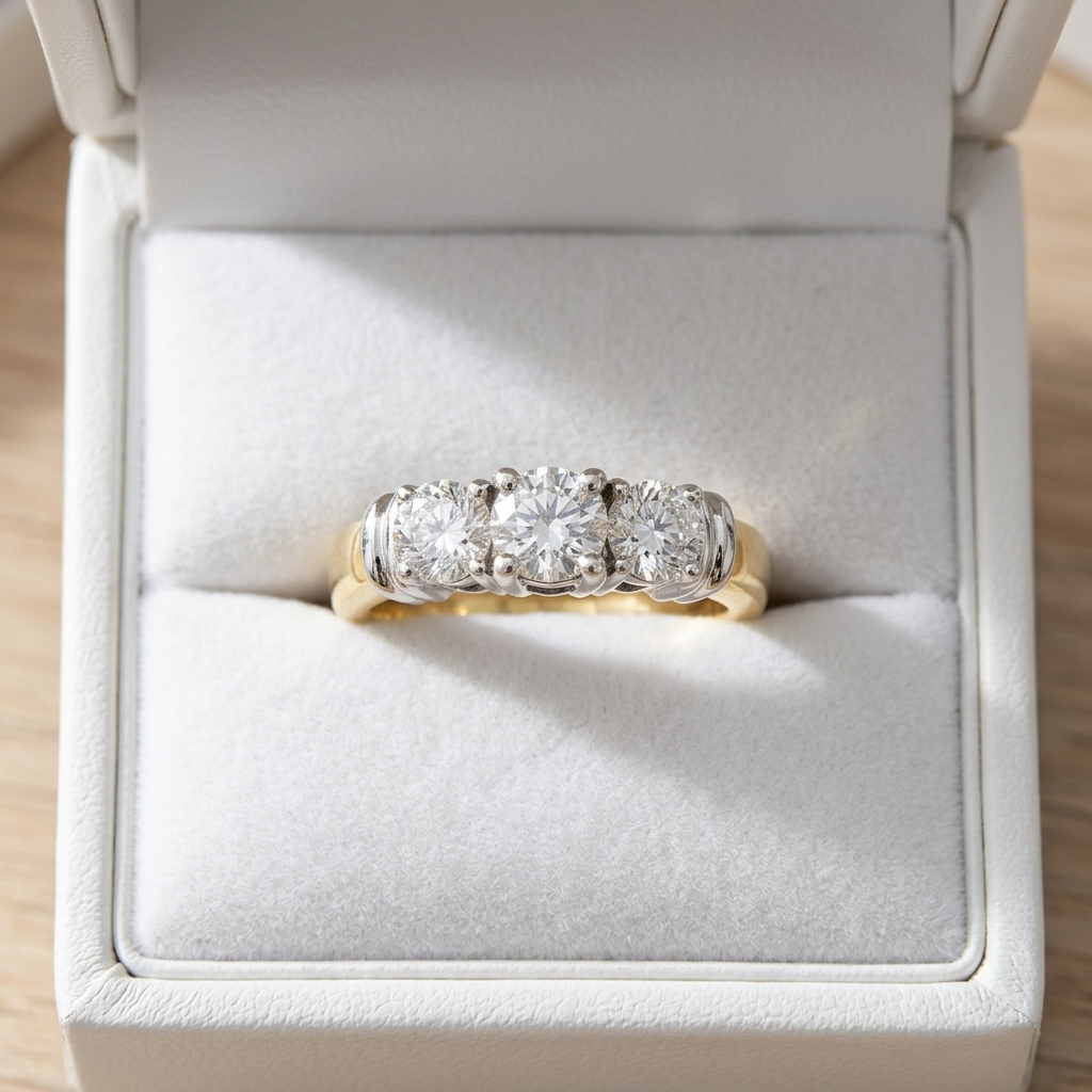 Sabine round brilliant diamond three stone engagement ring, alternate view