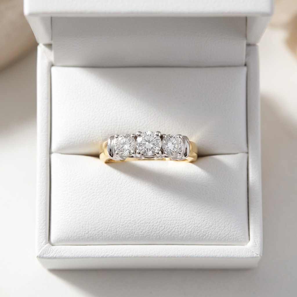 Sabine round brilliant diamond three stone engagement ring, close-up