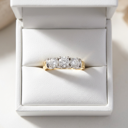 Sabine round brilliant diamond three stone engagement ring, close-up