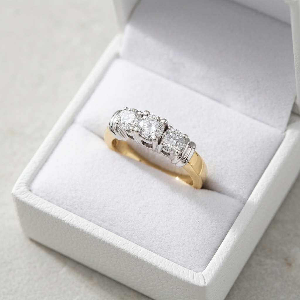 Sabine round brilliant diamond three stone engagement ring, front view