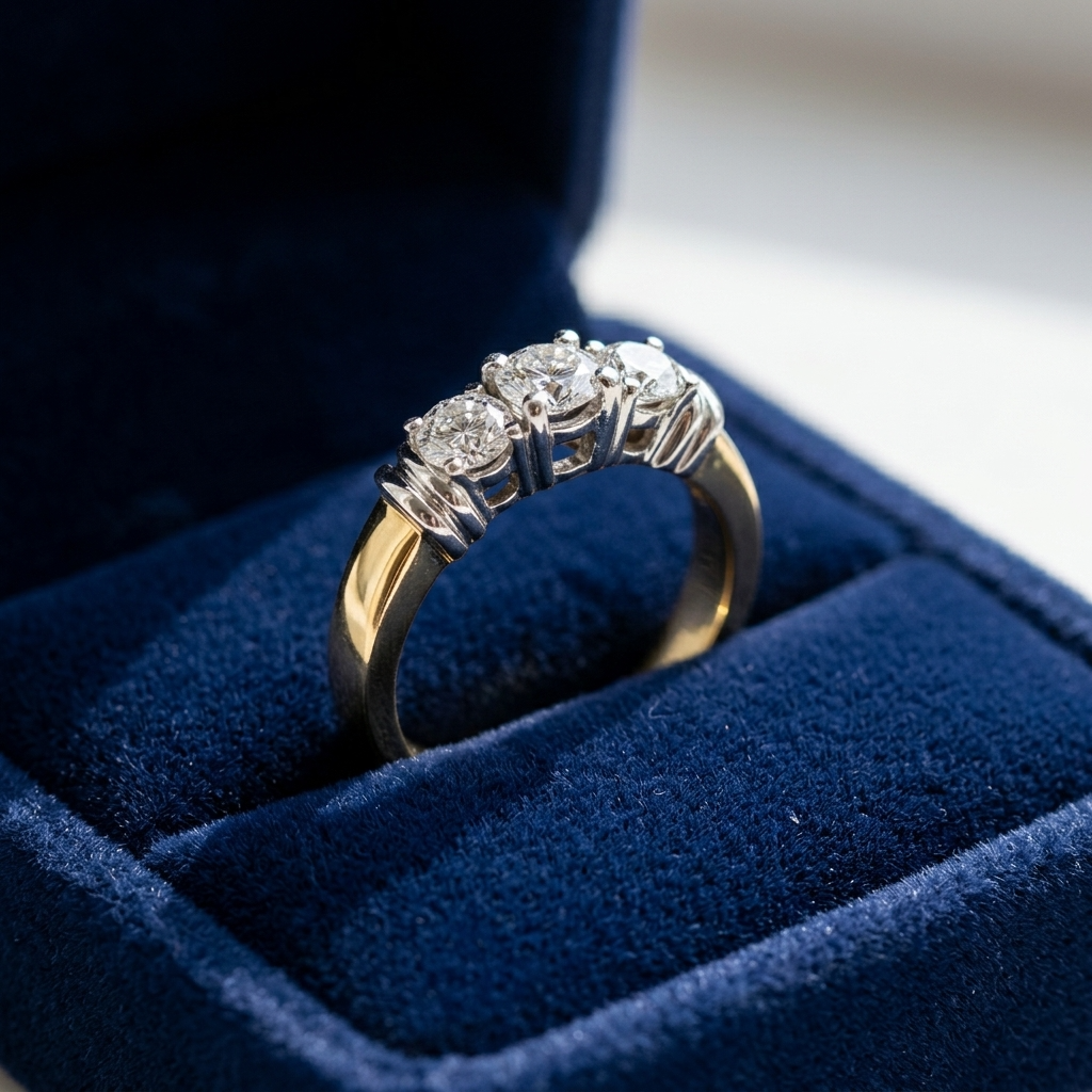 Sabine round brilliant diamond three stone engagement ring, three quarter view