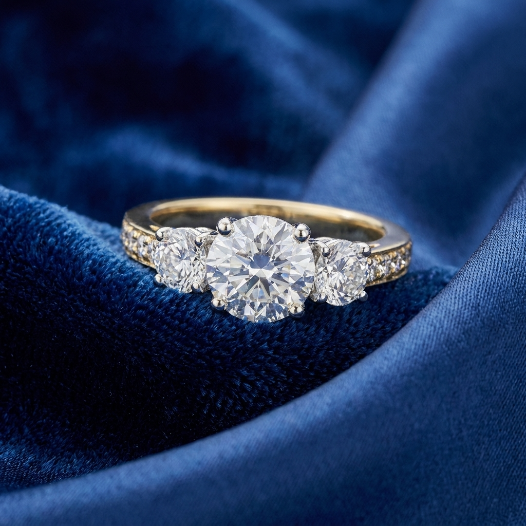 Penelope round brilliant diamond three stone engagement ring, side detail