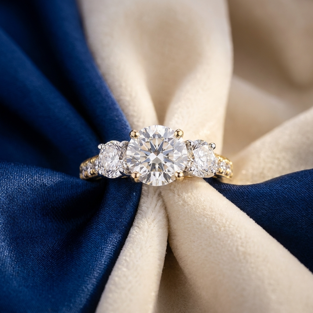 Penelope round brilliant diamond three stone engagement ring, close view