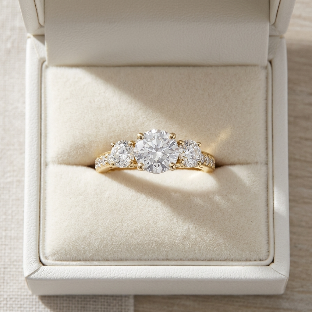 Penelope round brilliant diamond three stone engagement ring, angled view