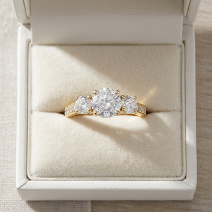 Penelope round brilliant diamond three stone engagement ring, angled view
