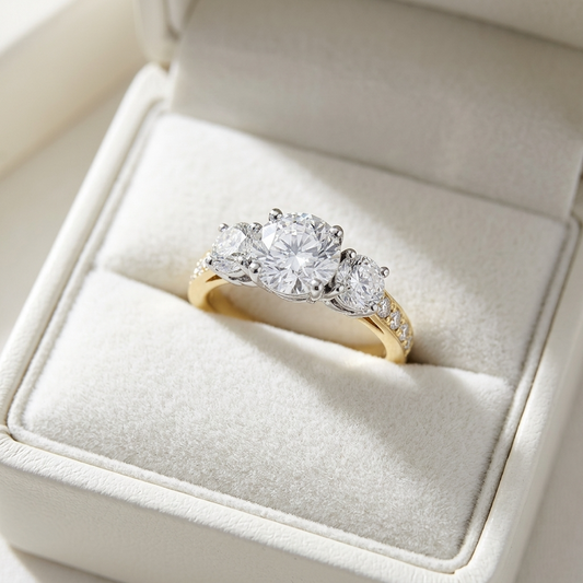 Penelope round brilliant diamond three stone engagement ring detail