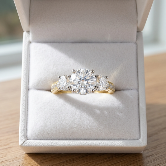 Penelope round brilliant diamond three stone engagement ring, top view