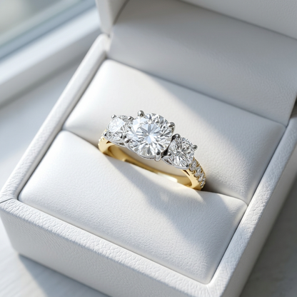 Penelope round brilliant diamond three stone engagement ring, alternate view