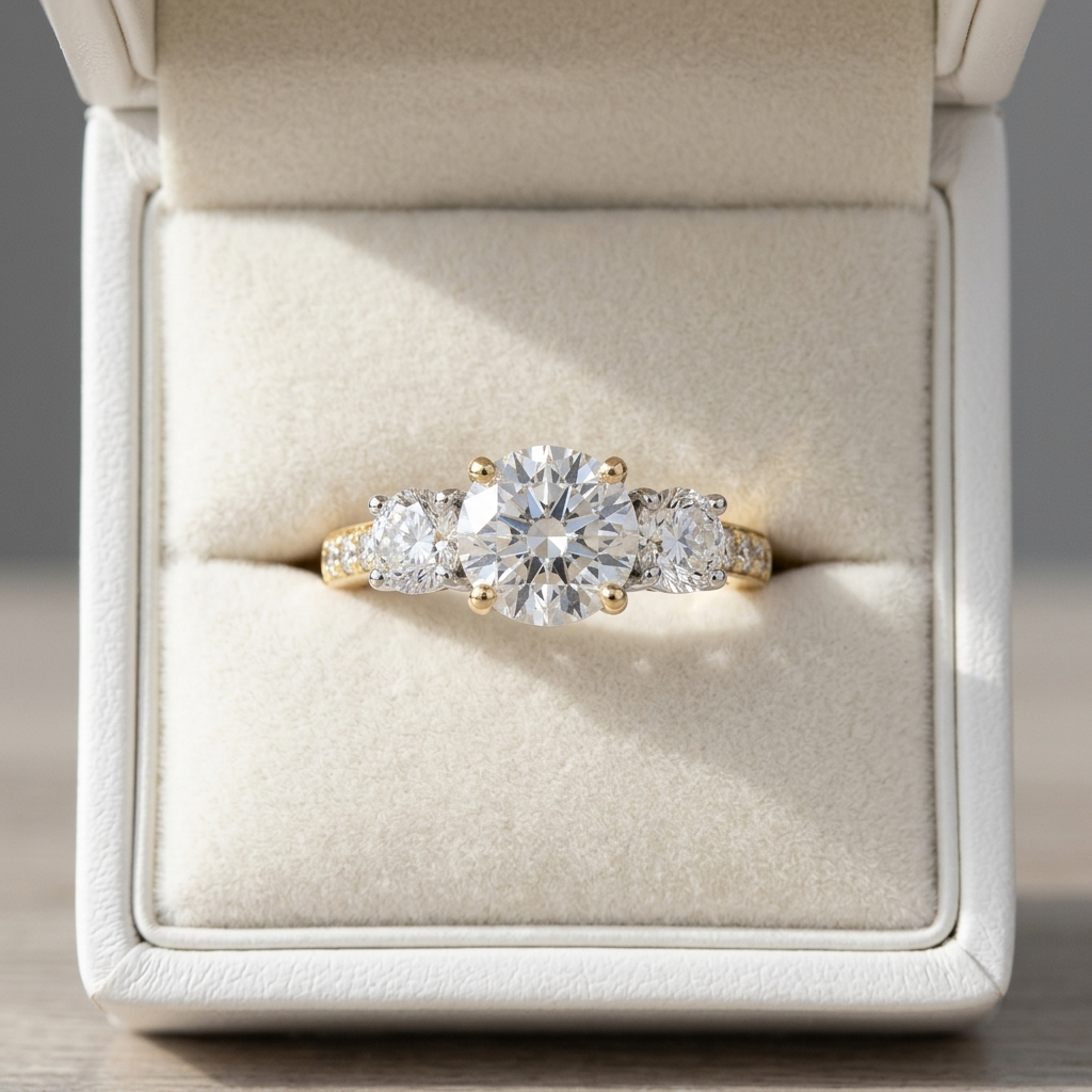 Penelope round brilliant diamond three stone engagement ring, close-up