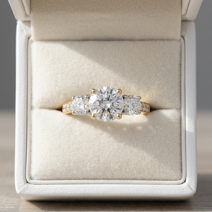 Penelope round brilliant diamond three stone engagement ring, close-up