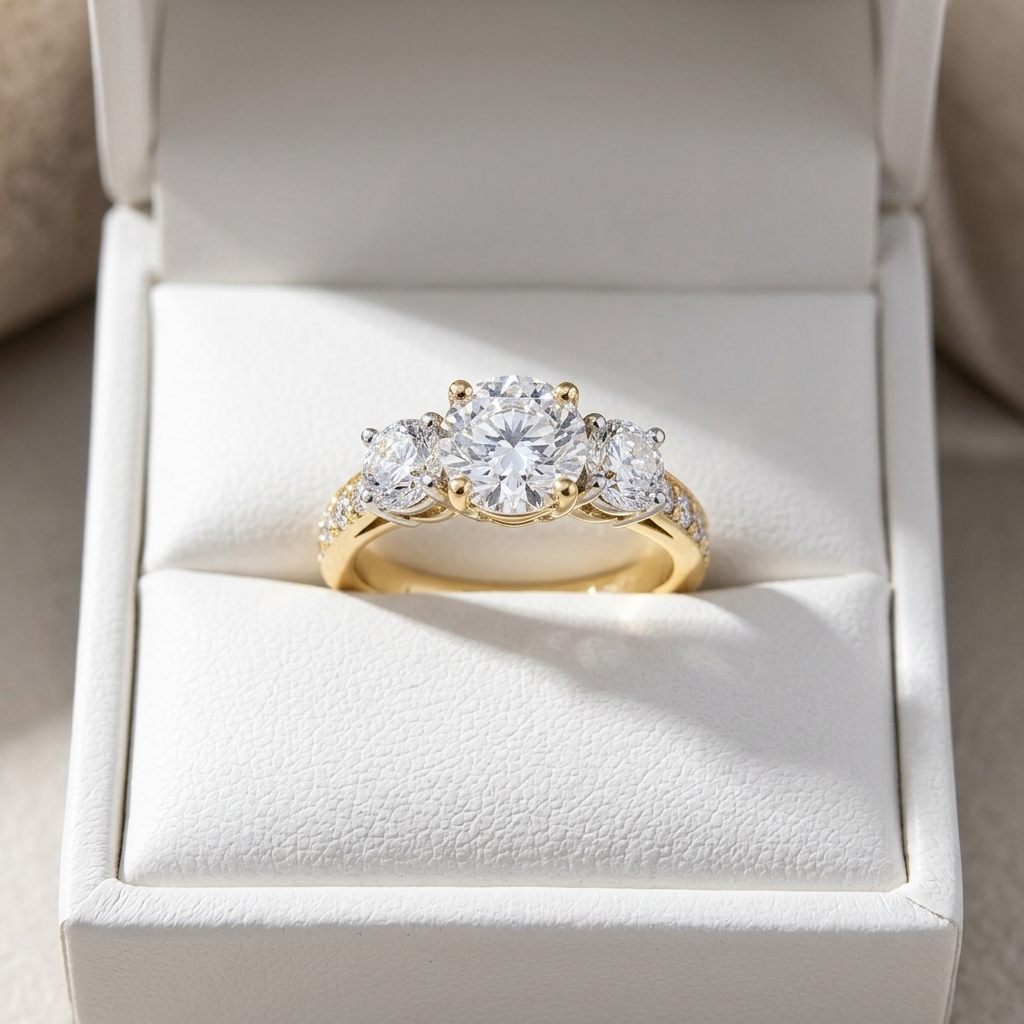 Penelope round brilliant diamond three stone engagement ring, front view