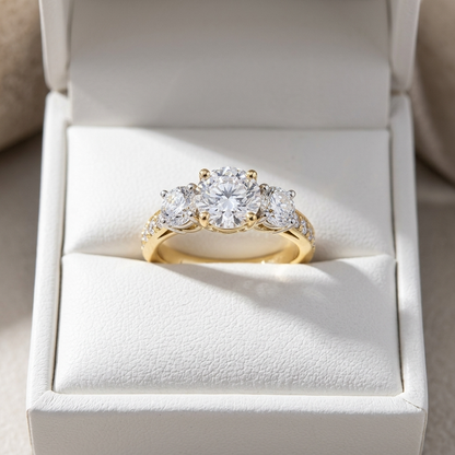 Penelope round brilliant diamond three stone engagement ring, front view