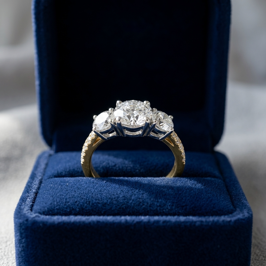 Penelope round brilliant diamond three stone engagement ring, profile view