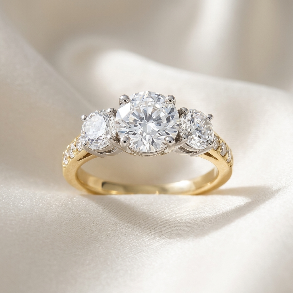 Penelope round brilliant diamond three stone engagement ring, raised view