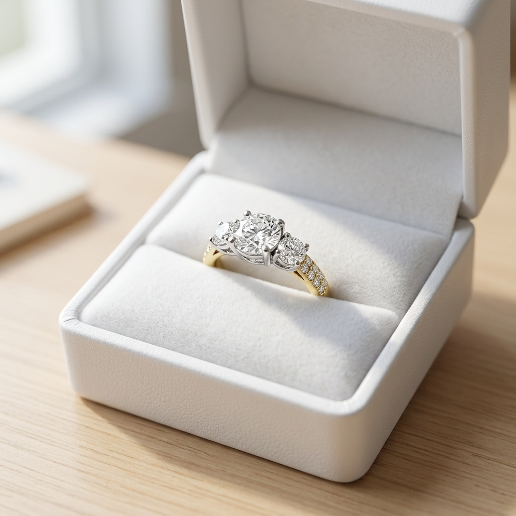 Penelope round brilliant diamond three stone engagement ring, setting detail