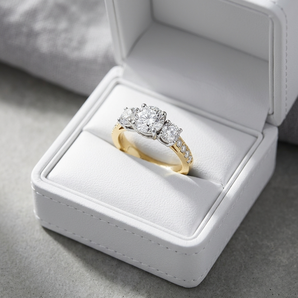 Penelope round brilliant diamond three stone engagement ring, further view