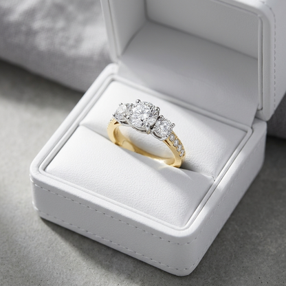 Penelope round brilliant diamond three stone engagement ring, further view