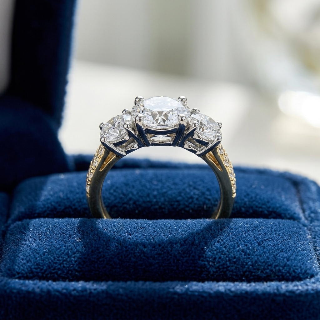 Penelope round brilliant diamond three stone engagement ring, additional view