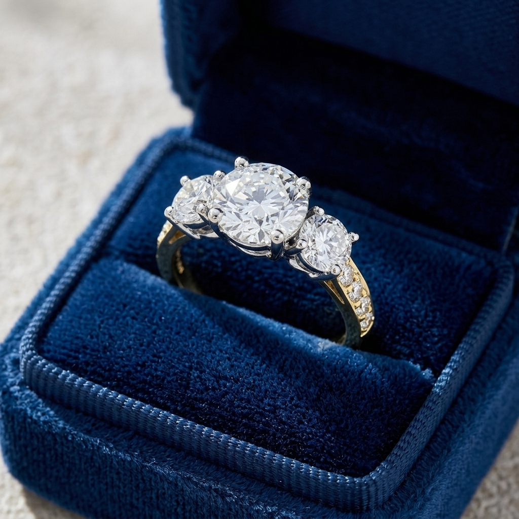 Penelope round brilliant diamond three stone engagement ring, further detail