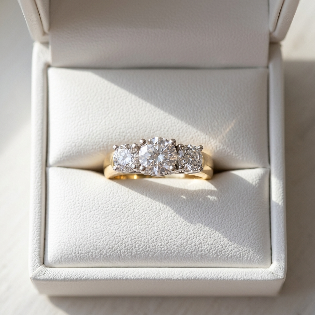 Rosalind round brilliant diamond three stone engagement ring in yellow gold, detail
