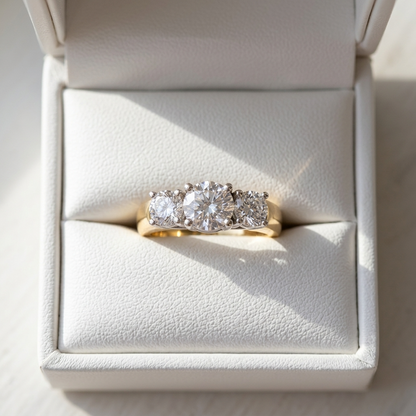 Rosalind round brilliant diamond three stone engagement ring in yellow gold, detail