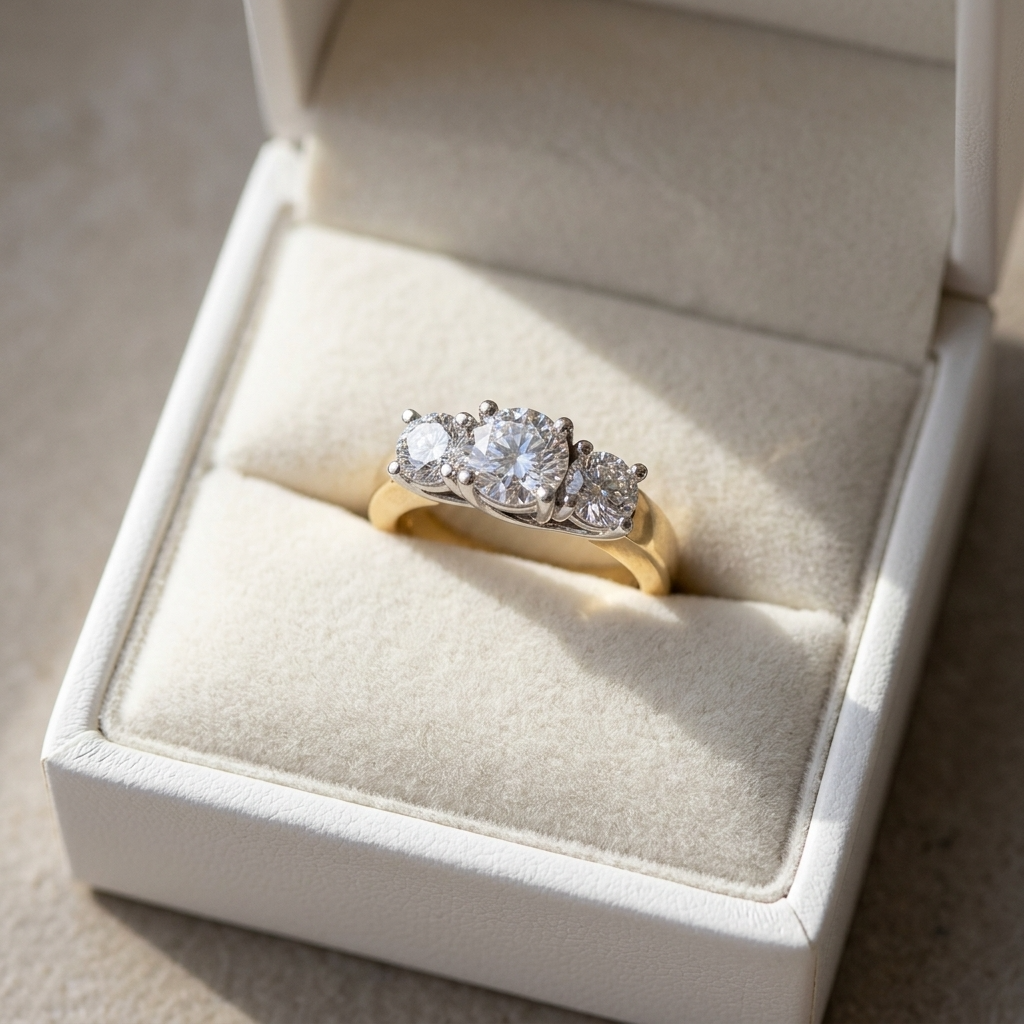Rosalind round brilliant diamond three stone engagement ring in yellow gold, top view