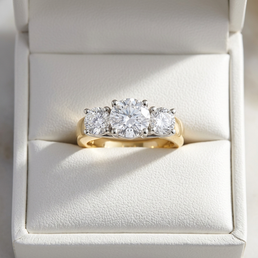 Rosalind round brilliant diamond three stone engagement ring in yellow gold, close-up