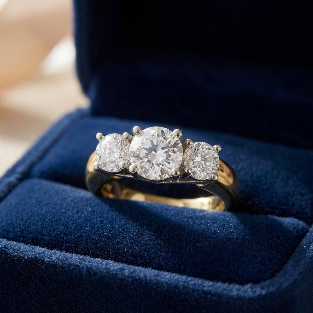 Rosalind round brilliant diamond three stone engagement ring in yellow gold, front view