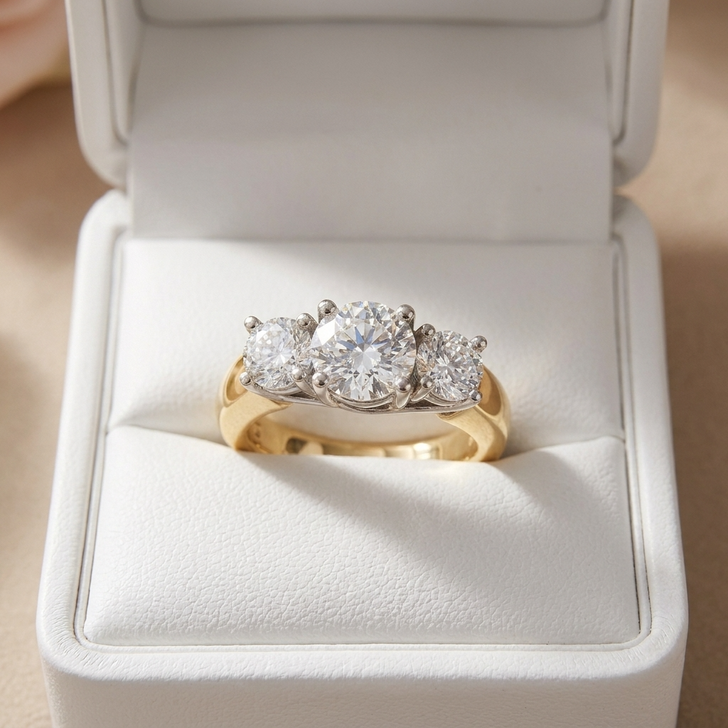 Rosalind round brilliant diamond three stone engagement ring in yellow gold, three quarter view