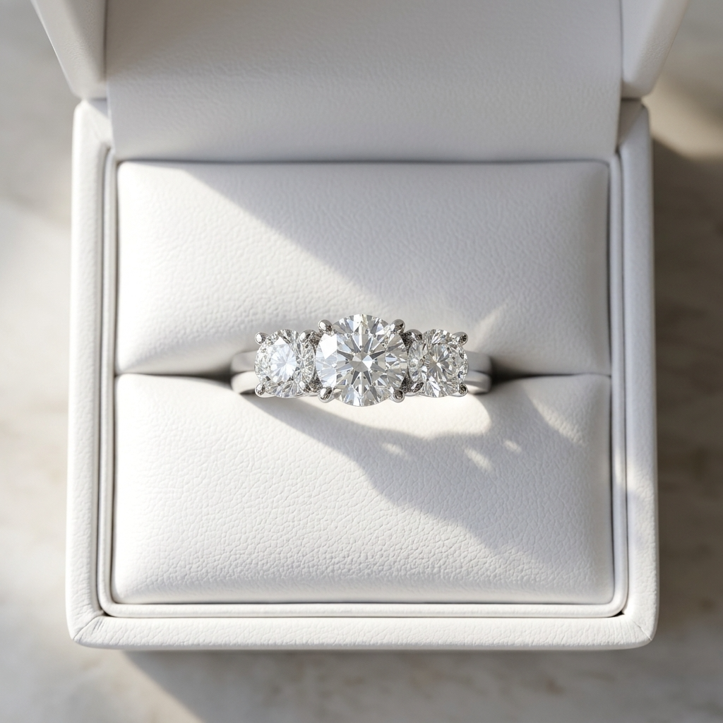 Eleanor round brilliant diamond three stone engagement ring, side view