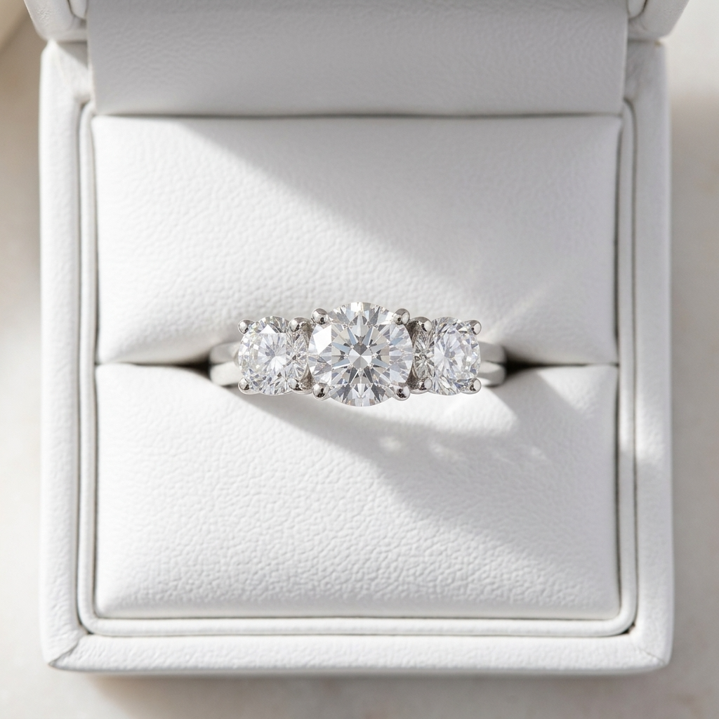 Eleanor round brilliant diamond three stone engagement ring detail
