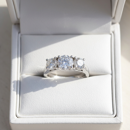 Eleanor round brilliant diamond three stone engagement ring, alternate view
