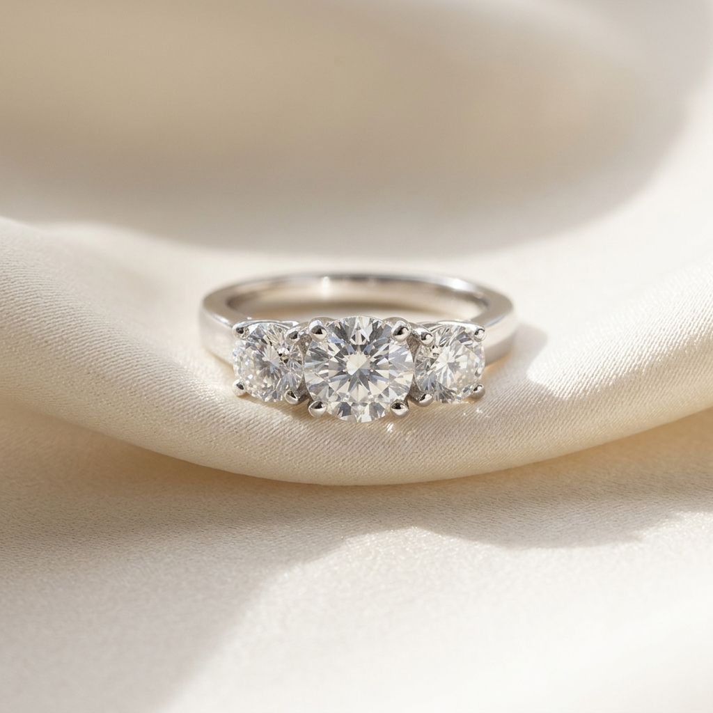 Eleanor round brilliant diamond three stone engagement ring, close-up